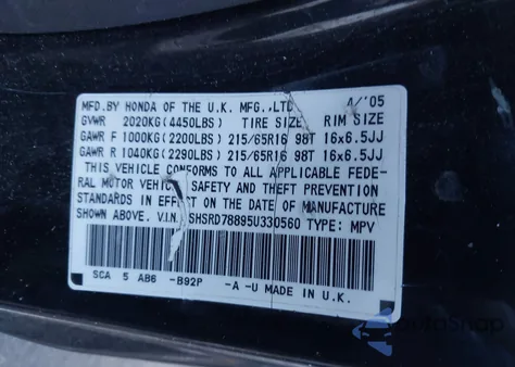 2005 Honda Cr-V Ex from USA, damaged, VIN SHSRD78895U330560